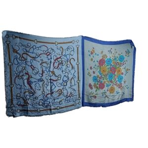 FRANCO FERRARI 100% Silk Blue Floral and Chain Pattern Scarf Extra Large